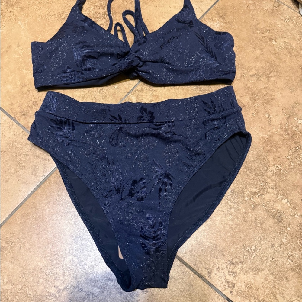 Navy Floral High-Waist Bikini Set